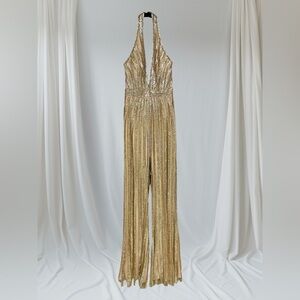 Vienna Prom Nude/Gold Sequined Halter Jumpsuit